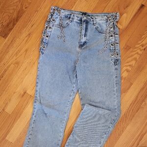 Fashion Nova Light Blue Chain-Detail High Rise Jeans